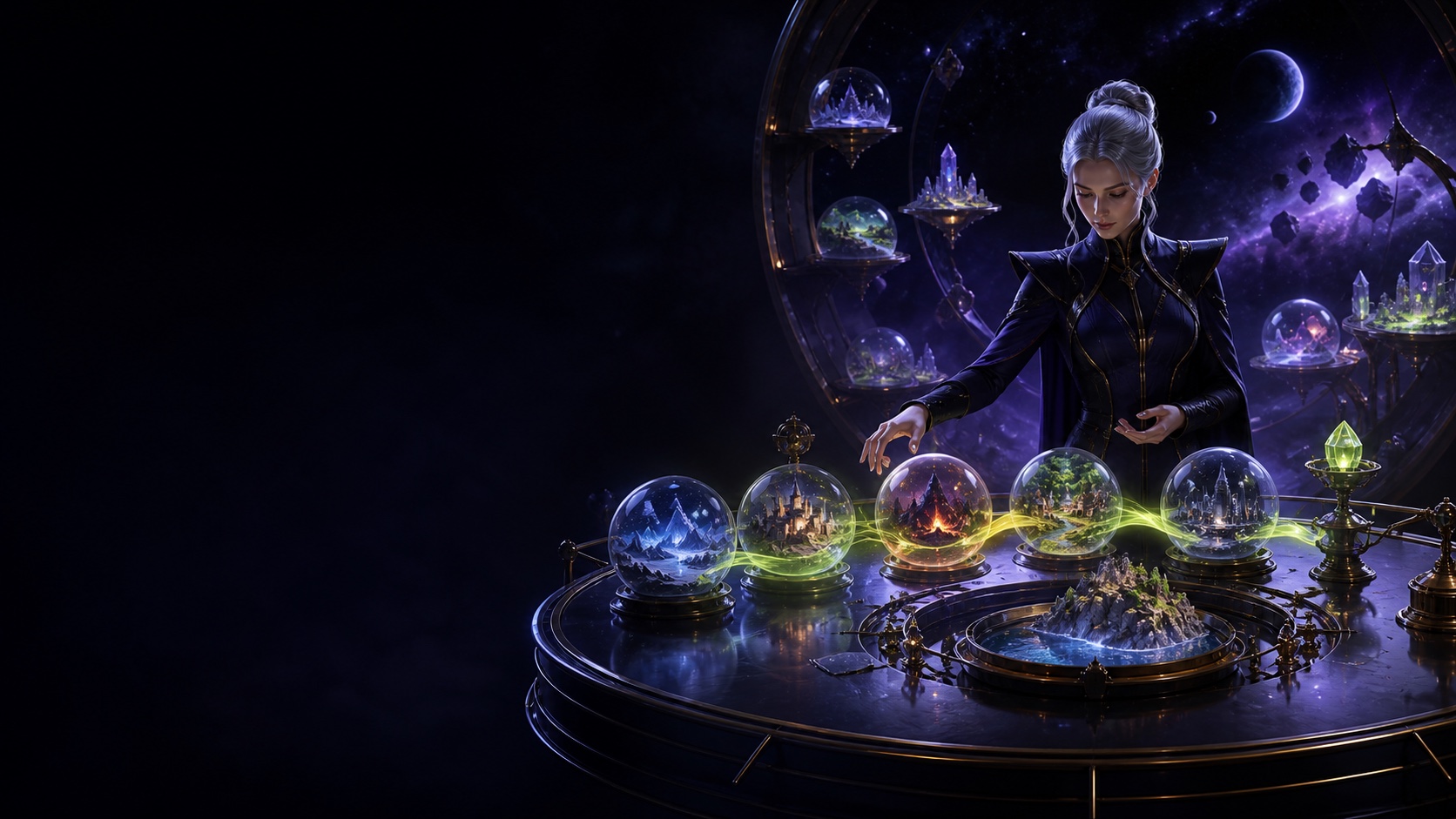 A curator arranging miniature game worlds into a featured collection.