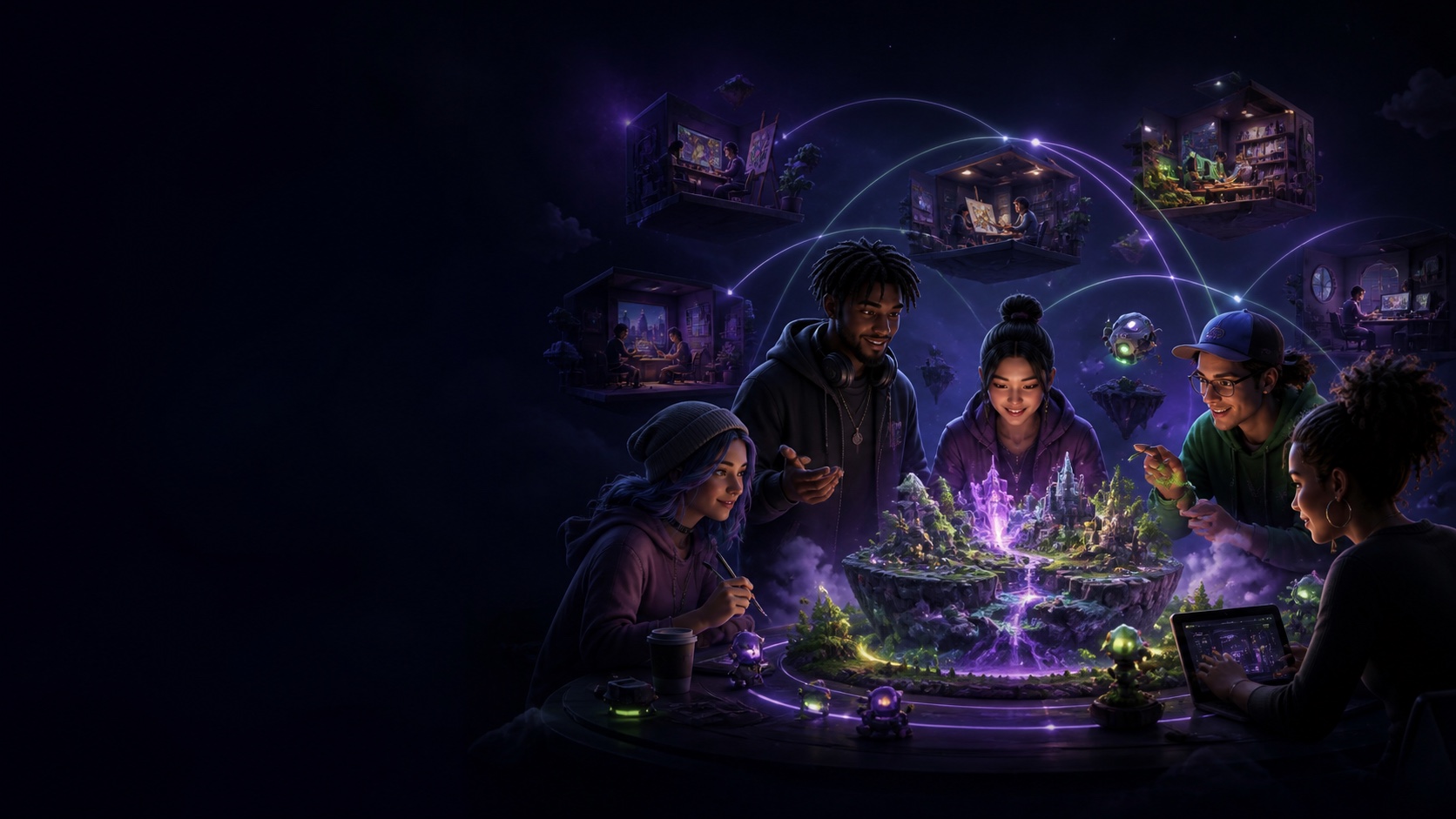 Creators gathered around a shared game world connected to studios worldwide.