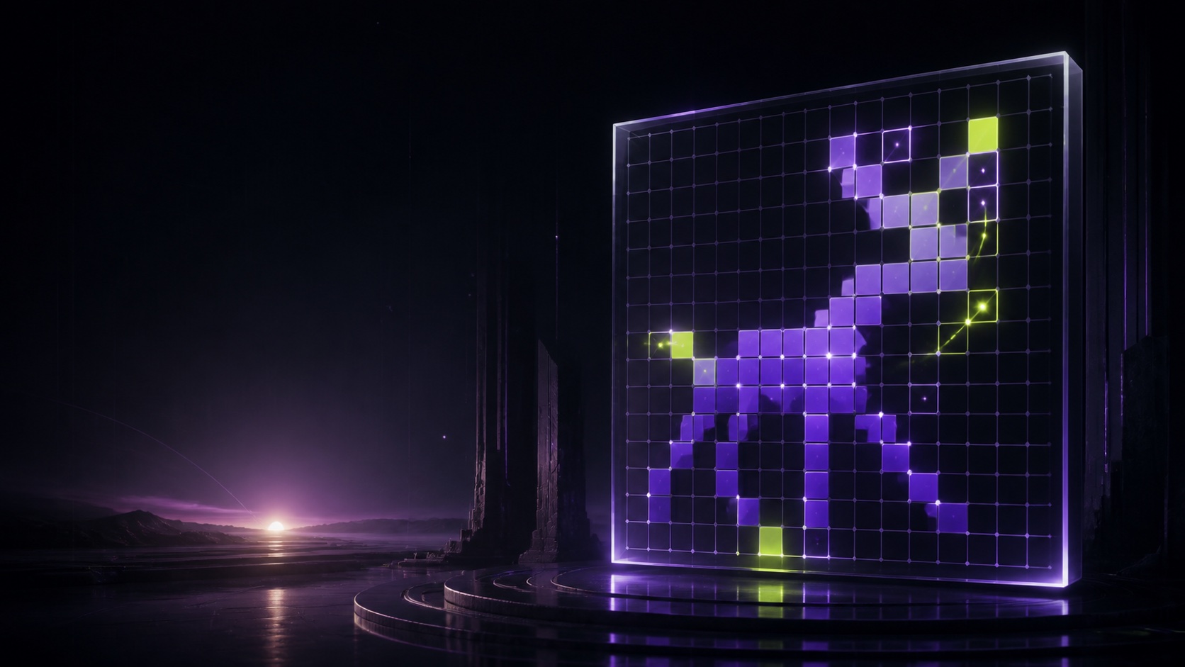 A luminous nonogram grid revealing a pixel creature at dawn.