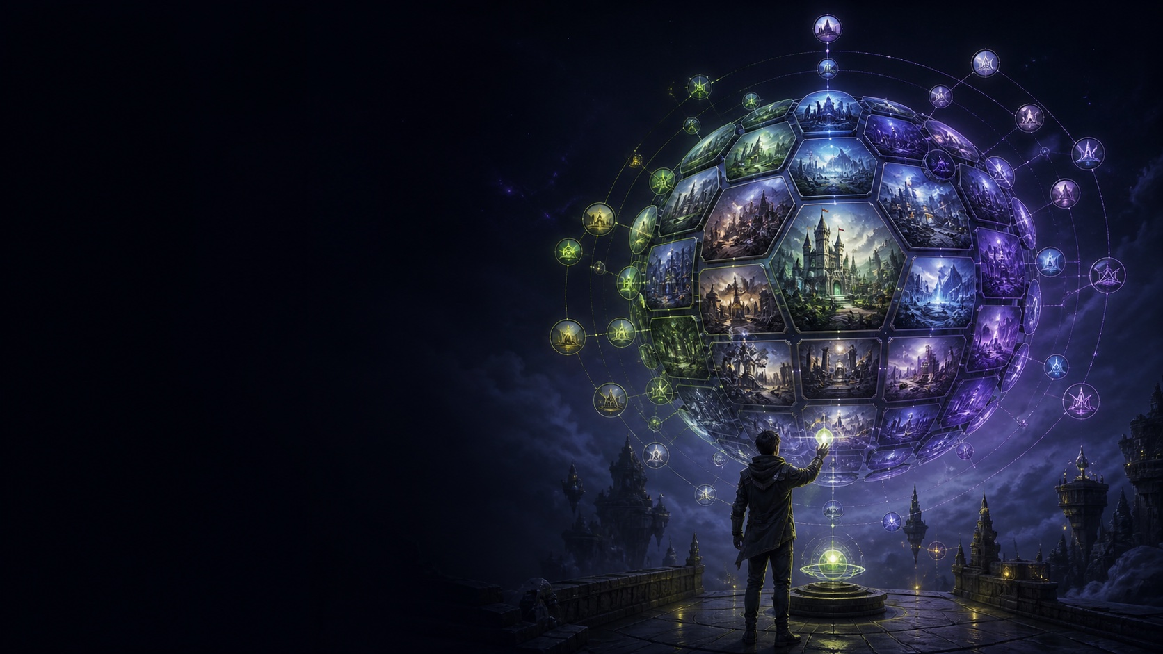 A floating atlas organizing game worlds into a connected directory.