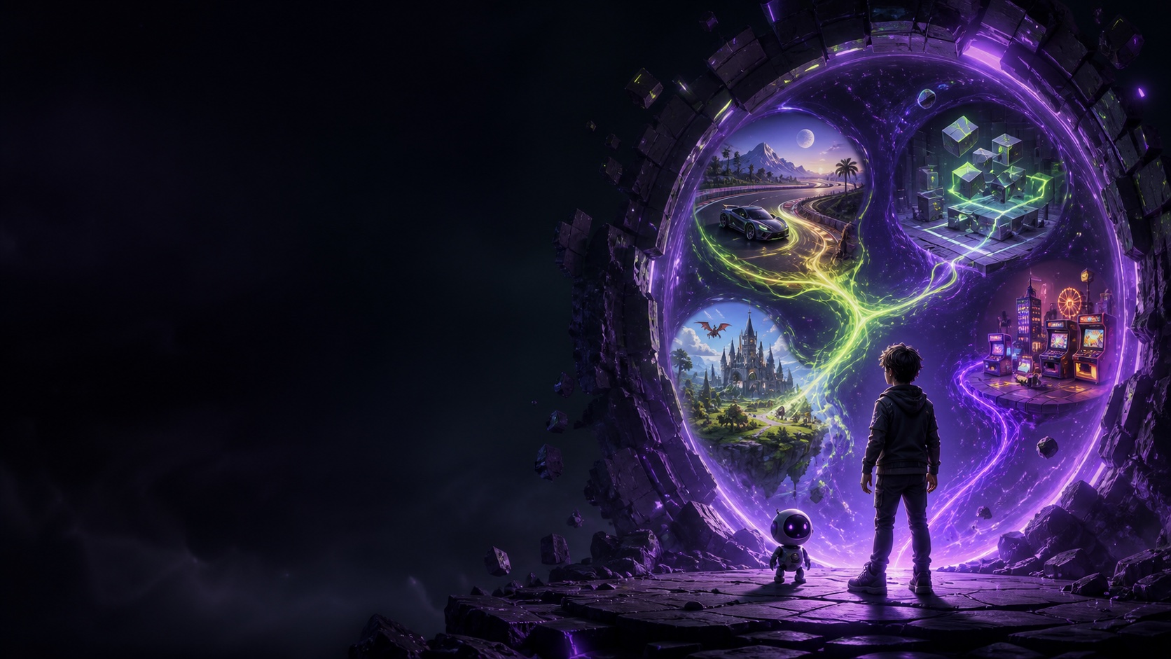 A luminous gateway revealing several original game worlds.