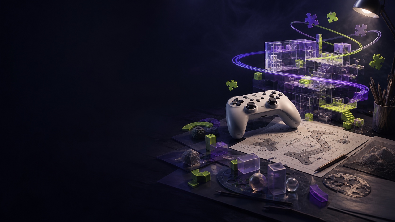 A game design workbench with level geometry, puzzle pieces and a controller.