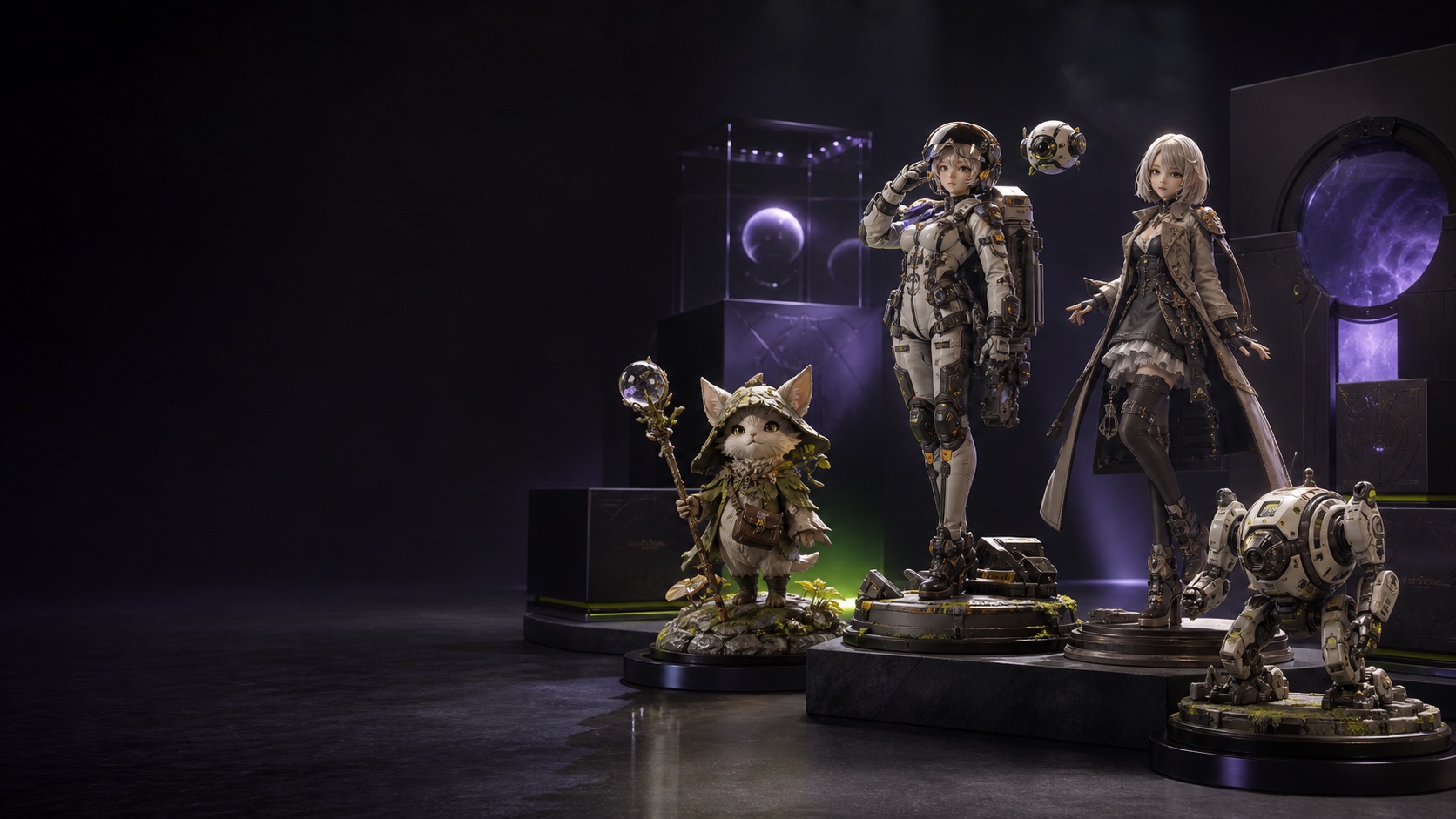 Premium game-character figures, art toys and ball-jointed dolls displayed in a dark collector gallery.